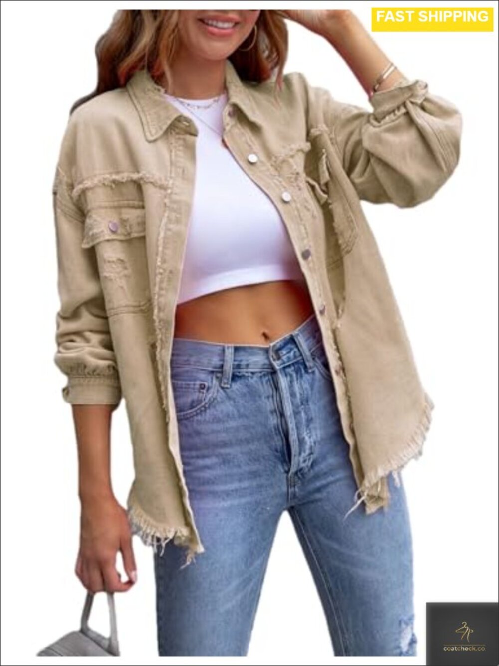 Ripped Distressed Denim Jacket Oversized Basic Jean Jacket Button Down